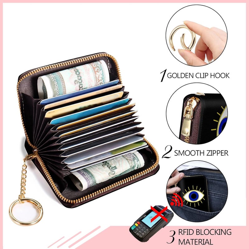 Blusabaca RFID Credit Card Holder Wallets for Women, Small Evil Eye Card Case Wallet with Removable Keychain and Zipper, Leather Card Holder Pocket Business Card Accordion Wallet - Image 5